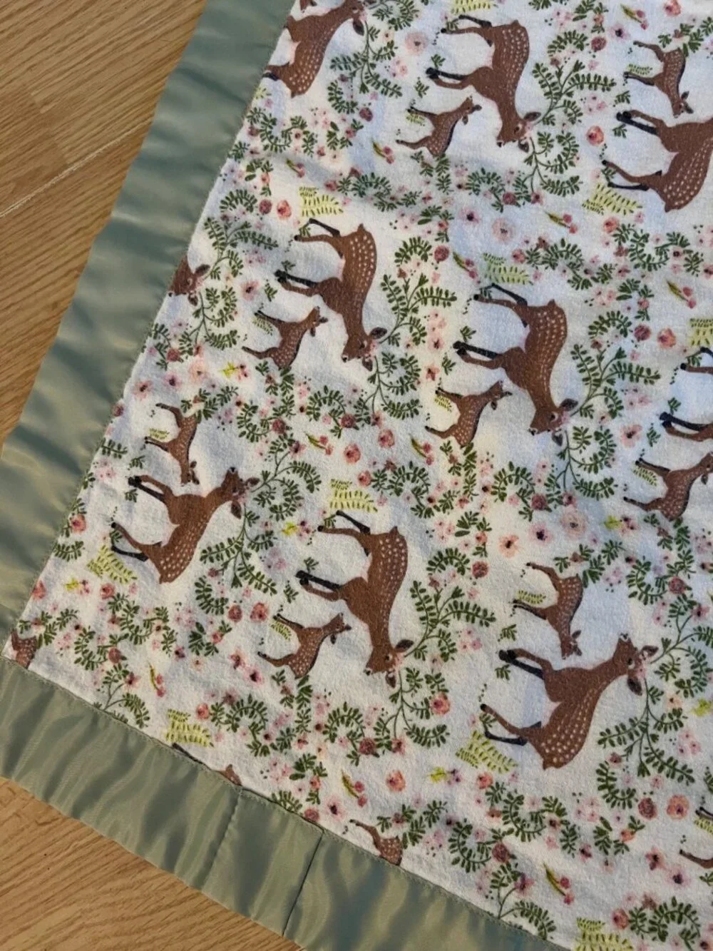 Baby Blanket Deer Pattern Satin Trim Vintage Green & Brown  Handmade Reversible